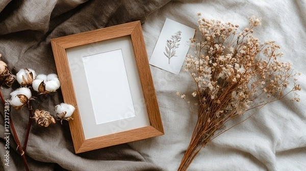 Fototapeta Stylish blank wooden photo frame with dried flowers and botanical illustration on soft fabric background for home decor or creative projects