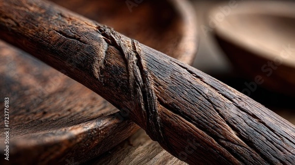 Fototapeta Close-up of weathered and cracked wooden spoon with textured surface and rich brown tones, highlighting rustic craftsmanship and natural wood grain details