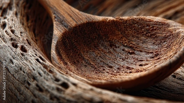 Fototapeta Close-up of a rustic, weathered wooden spoon with detailed grain texture and rich warm brown tones, showcasing craftsmanship and natural materials for culinary and rustic lifestyle themes
