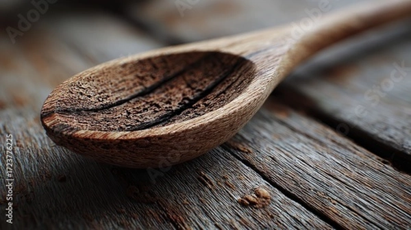 Fototapeta Close-up of a weathered wooden spoon resting on rustic wooden surface highlighting detailed textures and natural wood grain
