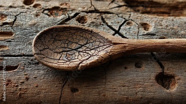 Fototapeta Close-up of a weathered wooden spoon with cracked surface resting on rustic aged wood background, natural bamboo utensil in traditional kitchen setting, textured organic material for culinary theme