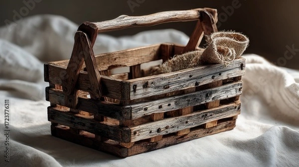 Fototapeta Rustic wooden basket with weathered texture and a burlap cloth resting inside, placed on soft white fabric background for vintage, farmhouse, or rustic decor themes
