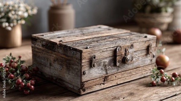 Fototapeta Old rustic wooden box with metal hardware on a weathered wooden table surrounded by fresh apples and decorative flower vases for vintage storage or rustic decor