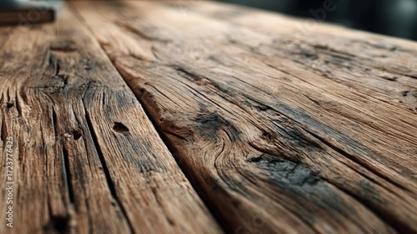 Fototapeta Close-up of weathered wooden surface with textured, aged planks showcasing intricate grain patterns, natural cracks, and rustic charm for outdoor decor, design, and nature themes