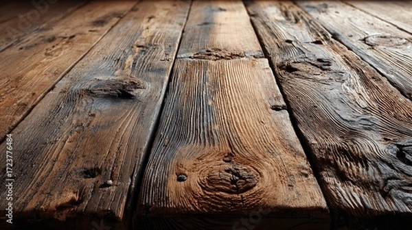 Fototapeta Close-up view of weathered aged wooden planks with textured grain and natural brown color, showing cracks, knots, and imperfections in a rustic finish