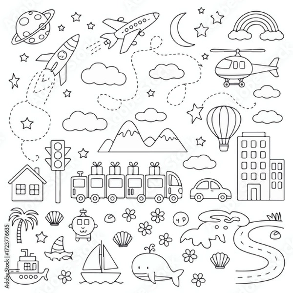 Fototapeta Hand drawn houses doodle sketch vector set of cartoon building icons