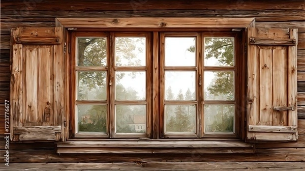 Fototapeta Traditional wooden window with shutters on a rustic log cabin wall, overlooking a foggy landscape with trees and rooftops, showcasing country-style architecture and natural wood textures