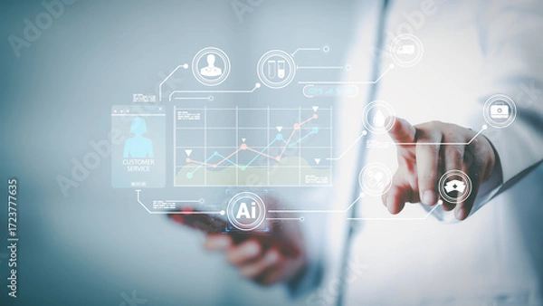 Fototapeta Doctor using AI technology with digital data analytics, medical icons, and futuristic interface, representing healthcare innovation, telemedicine, big data in medicine, and smart health solutions.