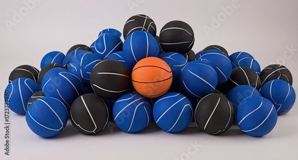 Fototapeta A pile of basketballs, various colors.  An orange ball is centrally located