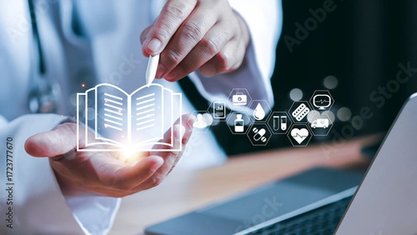 Fototapeta Doctor using digital book and medical icons with laptop, concept of online healthcare education, telemedicine learning, modern medical technology, and innovative health information system.