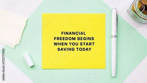 Fototapeta "Financial Freedom Begins When You Start Saving Today" text on yellow note card with money jar and pen
