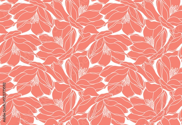Fototapeta Pink background with elegant magnolia flowers. Seamless vector pattern