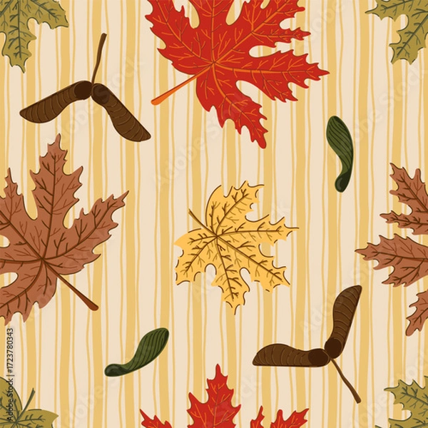 Fototapeta seamless pattern vertical stripe maple leaves autumn color, brown, green, pastel shades, Tablecloth