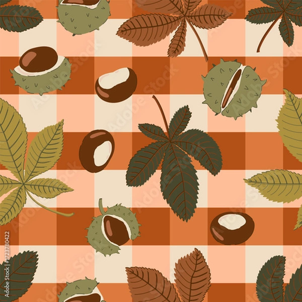 Fototapeta Warm chestnut gingham with fruits leaves perfect for rustic aprons, farmhouse curtains, autumn craft