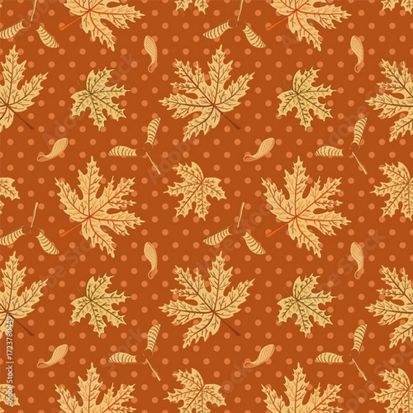 Fototapeta Polka dots, maple leaves seamless pattern autumn color, brown, green, caramel, pastel shades textile