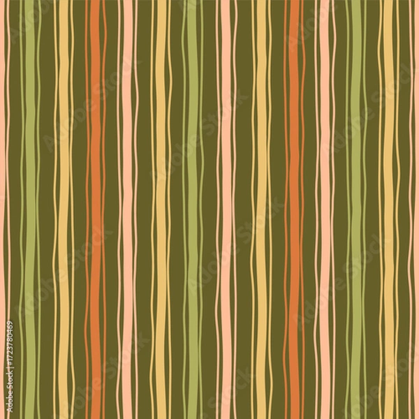 Fototapeta seamless pattern in graphic retro hand drawn vertical stripe autumn color, brown green pastel shades