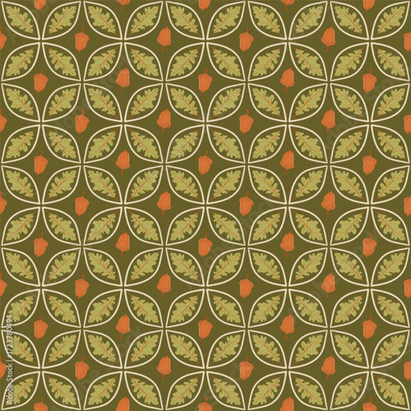 Fototapeta seamless pattern in graphic retro style oak leaves acorns autumn colors, brown, green, pastel shades