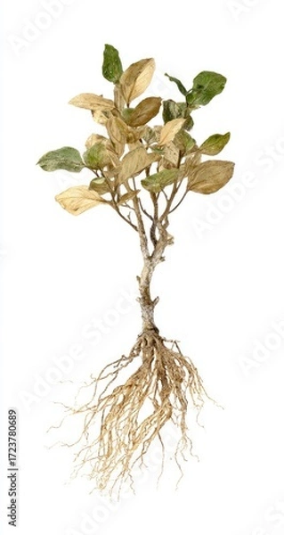 Fototapeta Dried plant with visible roots against a white background.  The plant's leaves are light brown and yellow, and the roots are light beige