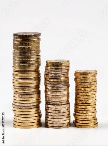 Fototapeta Three stacks of coins of varying heights