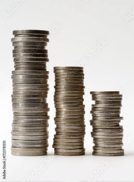 Fototapeta Three stacks of coins of varying heights against a plain white background