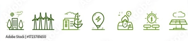 Fototapeta Green energy icons.  Simple line illustrations of various renewable energy sources, including wind turbines, solar panels, and energy-efficient buildings.  Icons are stylized,