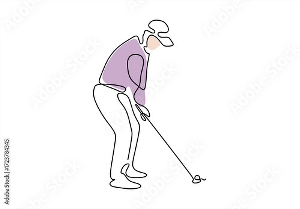Fototapeta Golfer in action with continuous line drawing. line icon-continuous line drawing. Editable stroke. 