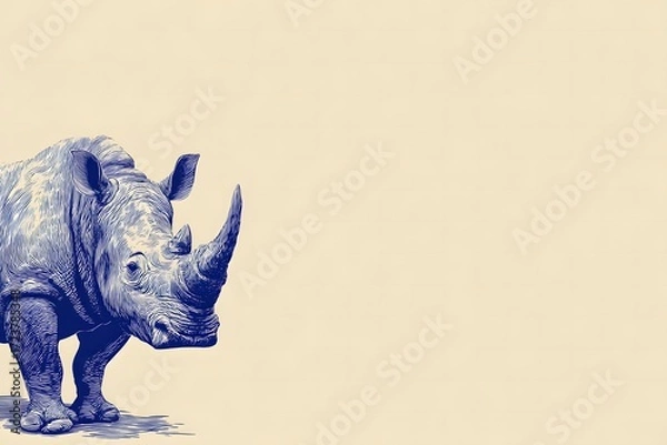 Fototapeta Detailed Artwork of a Rhinoceros on a Plain Background in Blue and Beige Tones