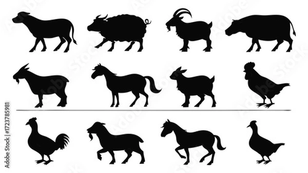 Fototapeta Farm Animals Silhouette Icon Set – Black Solid Vector of Cow, Goat, Hen, Sheep, Horse, Pig, Duck, Donkey, Turkey and Rooster for Logos, Stickers and Infographics