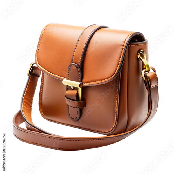 Fototapeta Vector art of a classic brown leather crossbody bag with a buckle closure, isolated on a transparent background