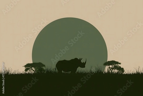 Fototapeta Silhouette of a Rhino Against large circular green in a Grassy Landscape at Dusk