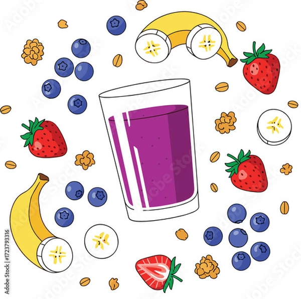 Obraz Vector Flat Lay of Açaí Juice with Tropical Fruits