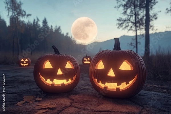 Fototapeta Halloween pumpkins on the background of the moon and the forest