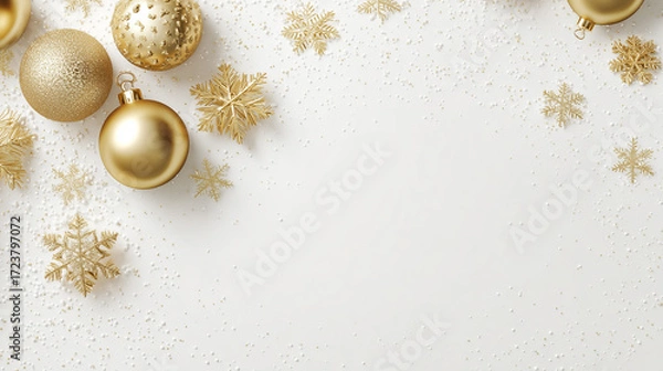 Obraz 白い背景に舞う金色の雪の結晶とクリスマスオーナメント