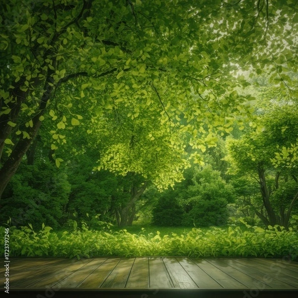 Fototapeta Sunlight filters through lush green forest canopy onto a wooden surface