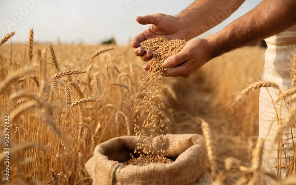 Fototapeta Close-Up of Hands Pouring Golden Wheat Grains into Sack in Harvest Field