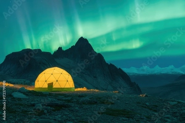 Fototapeta Cozy igloo illuminated under the vibrant aurora borealis sky