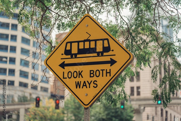 Fototapeta look both ways pedestrian crossing trolley sign