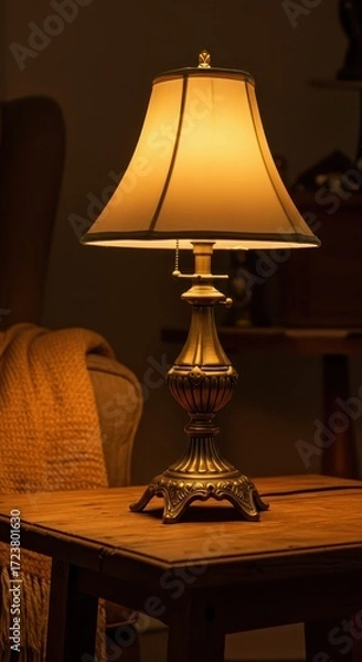 Fototapeta A warm, inviting table lamp with a light beige shade casts a gentle glow in a dimly lit room.