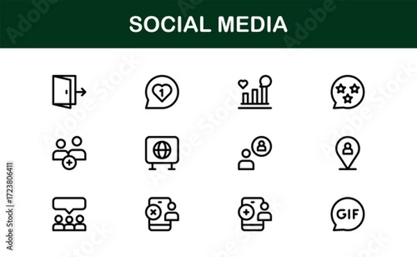 Fototapeta Minimal Social Media Icons Set. Clean, simple icons of chats, notifications, likes, and followers designed for mobile apps, websites, and digital platforms.