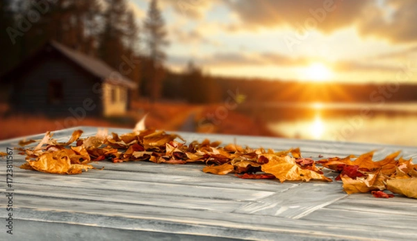 Fototapeta Autumn leaves on wooden rustic table with fall landscape and autumn sunshine background.