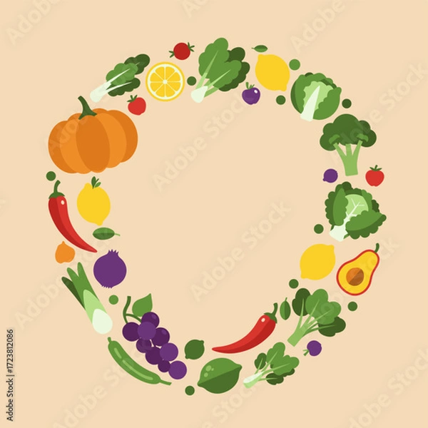 Fototapeta Flat design vector illustration of fruits and vegetables in a circle frame.