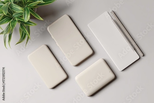Obraz Four beige devices, including smartphones and tablets, arranged on a light gray surface. A potted plant is in the background