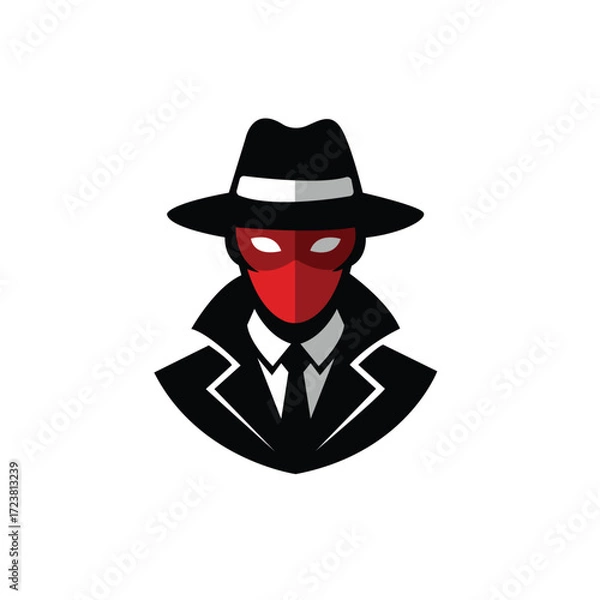 Fototapeta Vector Illustration of Mysterious Man in Suit, Hat, and Red Mask – Secret Agent, Spy, or Mafia Logo Design