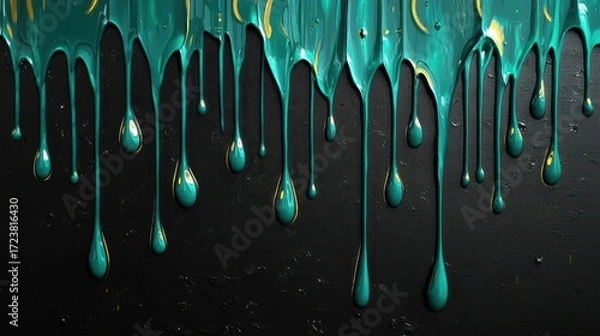 Fototapeta Turquoise liquid paint in dynamic motion drips down a black textured background,