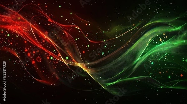 Fototapeta Abstract red and green flowing lines against a dark background