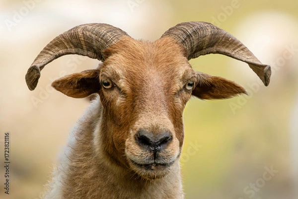 Fototapeta Portrait of a male  Drents Heideschaap (Drents Heath Sheep),  with beautiful long horns  and ears without earmarks blurred background,