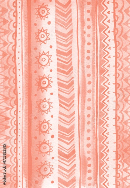 Obraz Ethnic abstract striped background. Coral pink raster watercolor ornate backdrop.