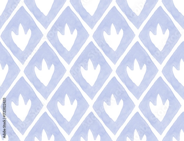 Obraz Blue watercolor rhombus seamless pattern with flower shape inside. Hand painted print for kids with floral element.