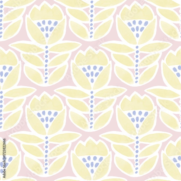 Obraz Seamless pattern of stylised watercolor flower with blue dots. Pastel color palette Easter floral print.
