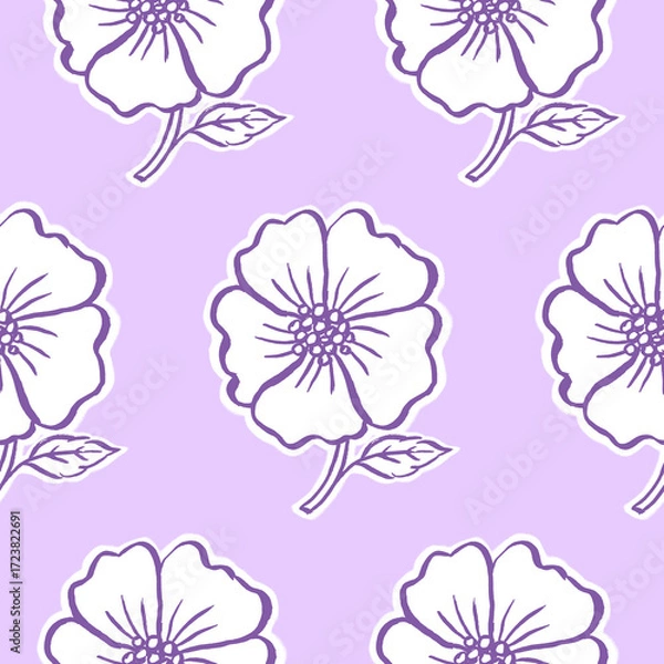 Obraz Simple seamless pattern with rose hip bloom in violet color palette.
